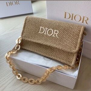 CHRISTIAN DIOR Raffia Jute Handbag with Acrylic and Metal Chain